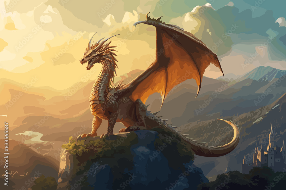 Fototapeta premium 2 A majestic dragon perched on a cliff overlooking a misty valley, medium digital painting, style reminiscent of classic fantasy illustrations, lighting soft dawn light with shado 