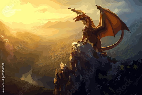 3  A majestic dragon perched on a cliff overlooking a misty valley, medium digital painting, a style reminiscent of classic fantasy illustrations, lighting soft dawn light with shadow
