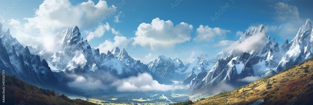 The beauty of a majestic and snow capped mountain range, with rugged peaks, AI Generative