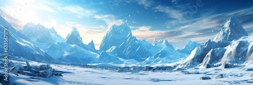 vast desolated snow land, big mountains in the background, snowfall with light blue sky and light blue colors, peaceful atmosphere, AI Generative