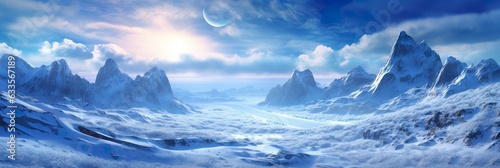 vast desolated snow land, big mountains in the background, snowfall with light blue sky and light blue colors, peaceful atmosphere, AI Generative