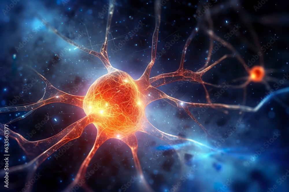 Active neurons in the brain, close up view. Scientific Generative illustration. AI Generative