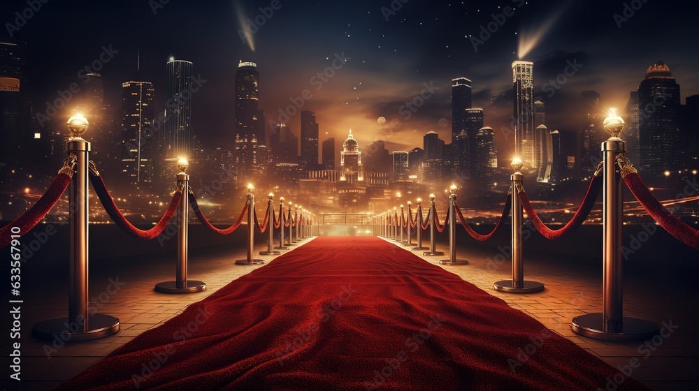 Red carpet rolling out in front of glamorous movie premiere background, Generative AI - obrazy, fototapety, plakaty 