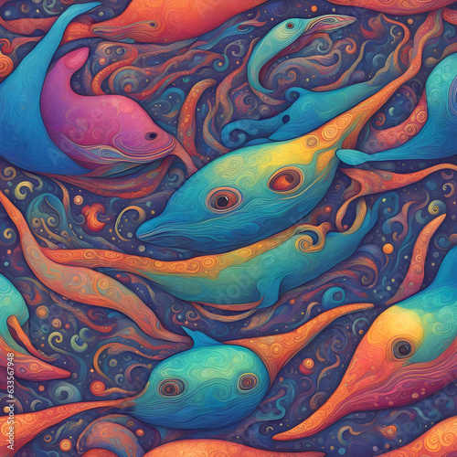A whale that swims through colorful, swirling patterns like a living kaleidoscope © Voidid