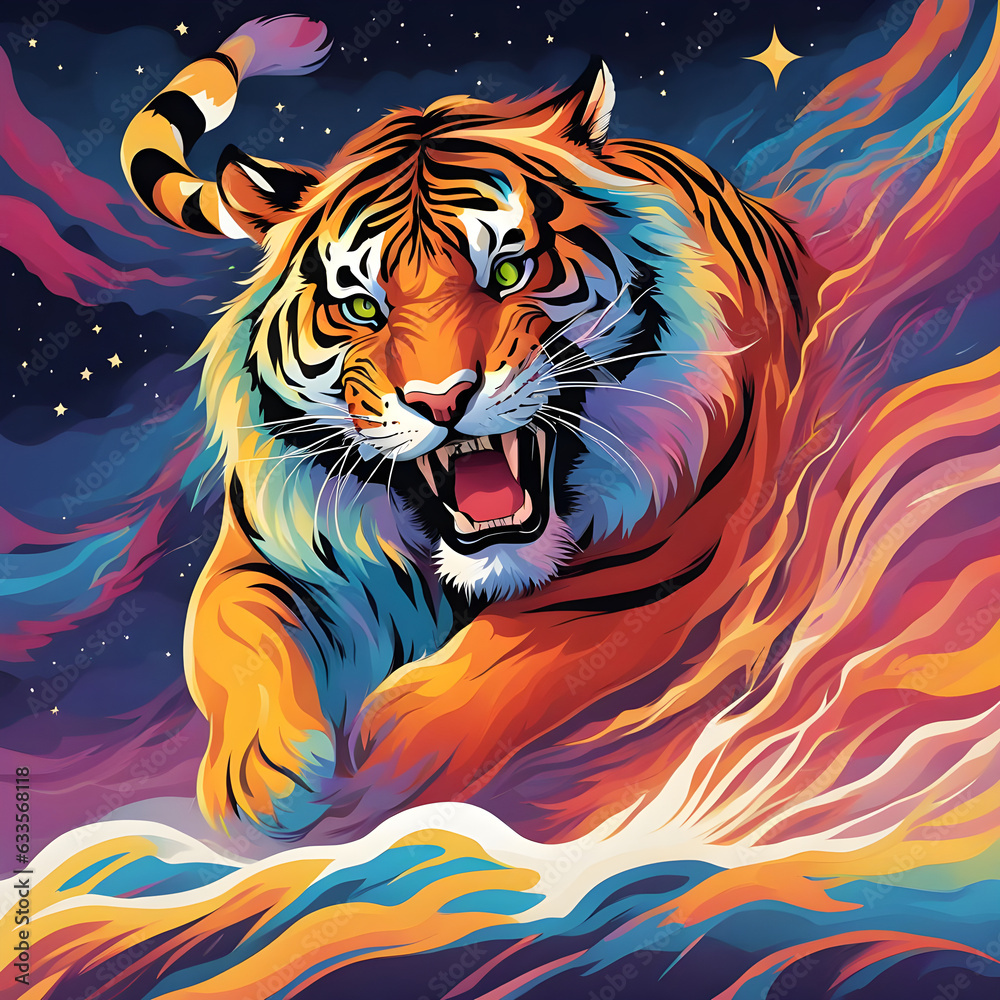 The tiger leaps gracefully, leaving behind a trail of colorful auroras in its wake