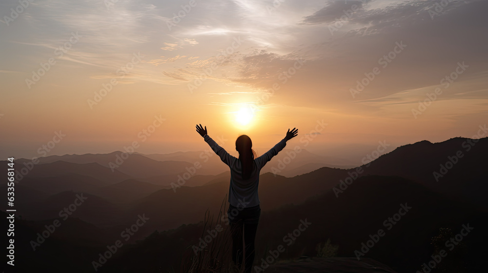 Silhouette of a woman raising her hands on the top of mountain