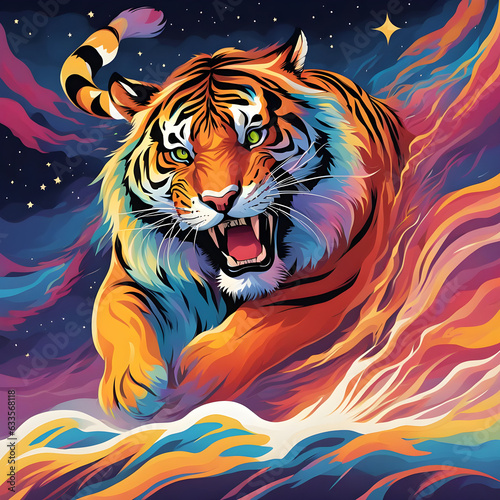 The tiger leaps gracefully  leaving behind a trail of colorful auroras in its wake