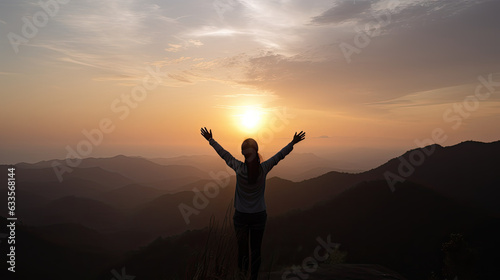 Silhouette of a woman raising her hands on the top of mountain