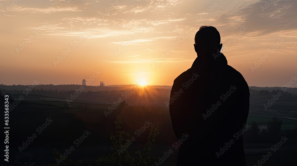 Silhouette of man praying on sunset finding solace in faith religion concept