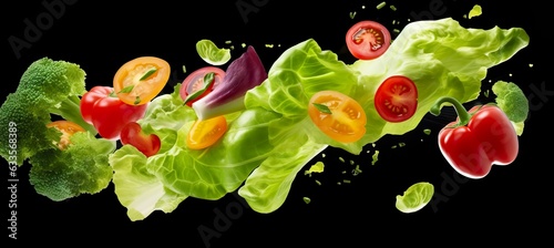 Falling vegetables  salad of bell pepper  tomato  and lettuce leaves. 