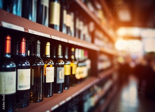 Abstract blur wine bottles on liquor alcohol shelves in supermarket store background. 