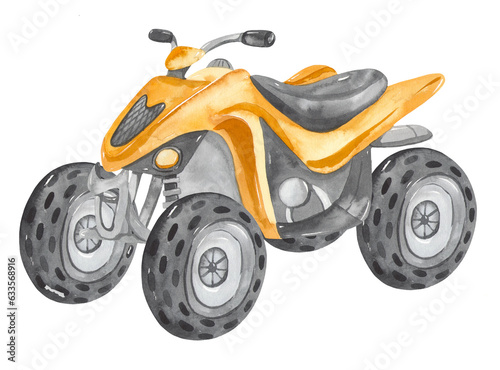 Watercolor ATV four-wheeled yellow for cards, invitations, transport for racing, for boys