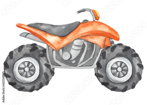 Watercolor quad bike orange, side view, for cards, invitations, racing transport