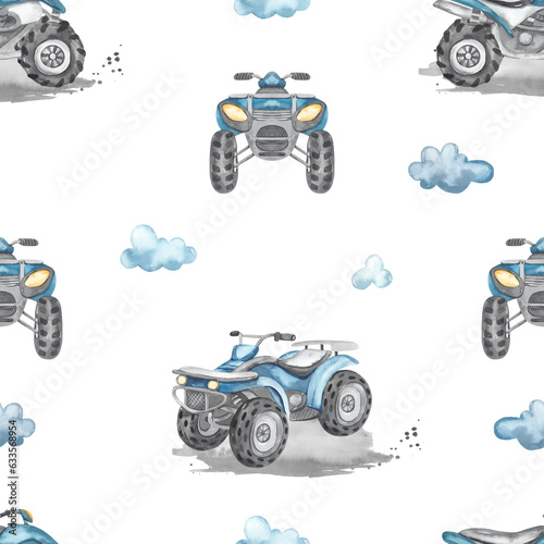 Watercolor seamless pattern with blue quad bike, clouds, on mud, boyish print