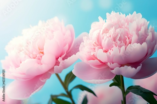 Beautiful pink large flowers peonies on a light blue turquoise background. Generative AI
