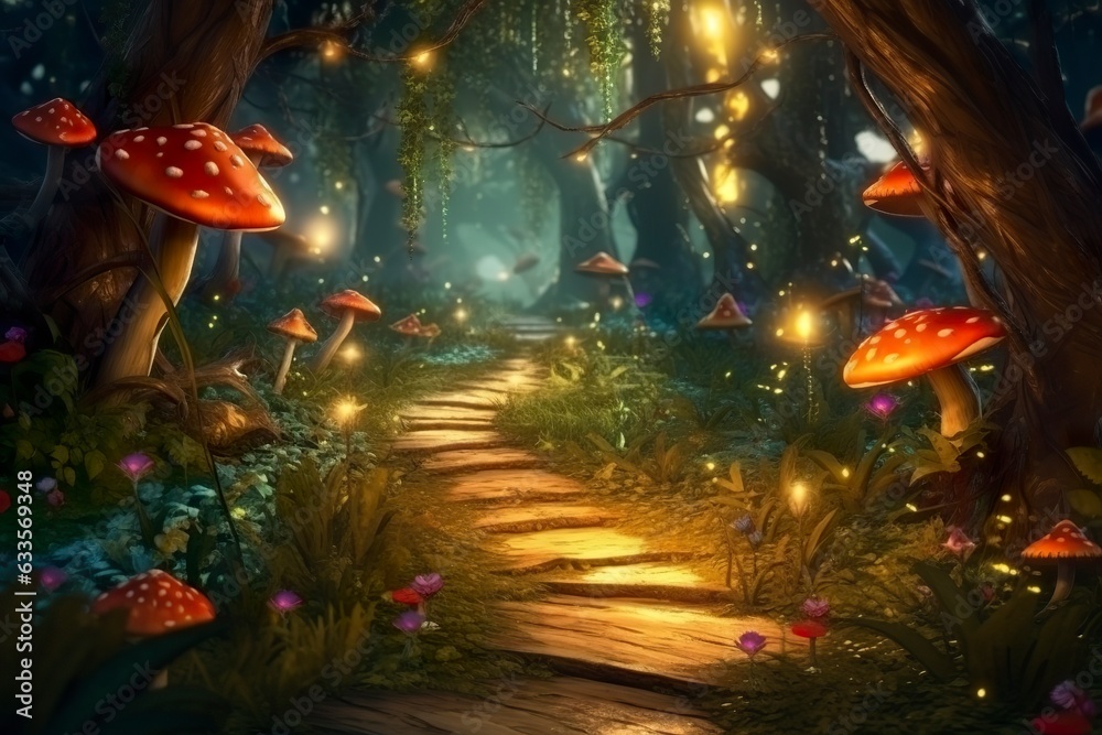background fairy wood with a single path, zoom on a small portion of the path and add trees, moss, fireflies and mushrooms as additional decorations. AI Generative