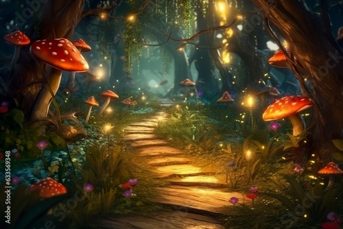 background fairy wood with a single path  zoom on a small portion of the path and add trees  moss  fireflies and mushrooms as additional decorations. AI Generative