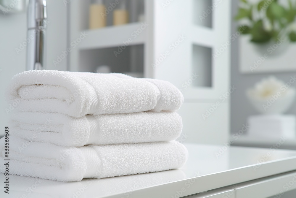 The world's softest towels against a minimalistic background. Stacked white towels sit on top of a soap dish in a bathroom. The world's softest towels against a minimalistic background. Stacked white towels sit on top of a soap dish in a bathroom.
