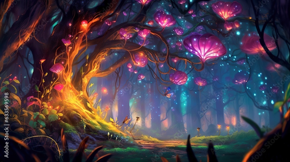 Background fairy wood with a single path, zoom on a small portion of the path and add trees, moss, fireflies and mushrooms as additional decorations. 