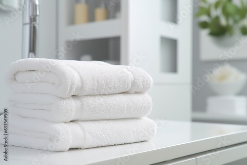 The world s softest towels against a minimalistic background. Stacked white towels sit on top of a soap dish in a bathroom. 
