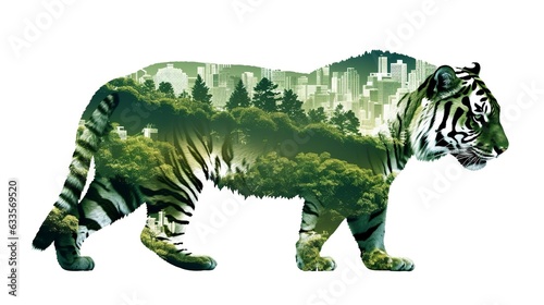 Double expose silhouette of a tiger standing, in the style of photocollage, eco, architecture,  © MEHDI
