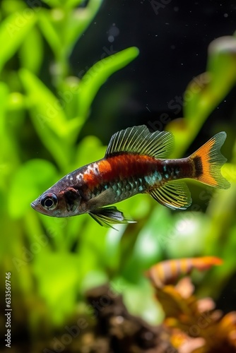 In the aquarium with plants and stones. The spinytail has a variety of color varieties including red, orange, yellow, blue and green. 