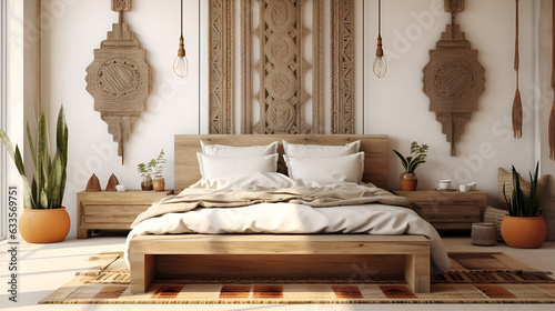 Moroccan wall hanging above wooden bed. Bohemian or eclectic interior design of modern bedroom, Ai generated