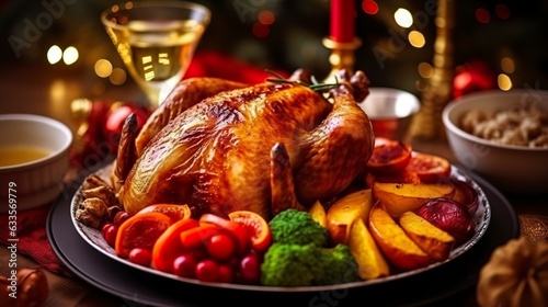 Juicy and tasty roast turkey on a plate with Christmas decorations. Roasted chicken with vegetables, Roast chicken party, all kinds of food, beer. 