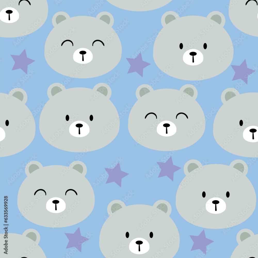 Cute bear pattern, with stars, smile bright face cartoon seamless background, vector illustration, wallpaper, textile, bag, garment, fashion design
Cute bear pattern, with stars, smile bright face cartoon seamless background, vector illustration, wallpaper, textile, bag, garment, fashion design