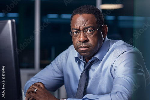 African-American man in office with a lot of papers to work. Deadline concept. photo