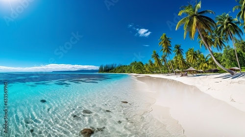 Tropical paradise beach with white sand and crystal clear blue water. Beautiful natural summer vacation holidays background. Travel tourism wide panorama background concept. AI Generative © MEHDI