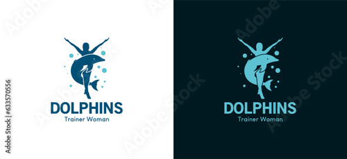 Dolphin trainer woman logo design, dolphin and woman silhouette vector illustration