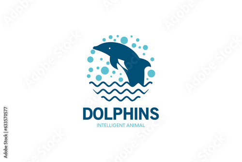 Blue dolphin logo design jumping over modern waves