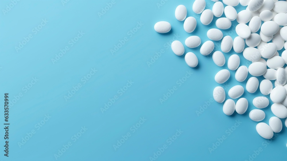 Top view white medicine tablets antibiotic pills on a soft blue background, copy space, Pharmacy theme, AI Generative - obrazy, fototapety, plakaty 