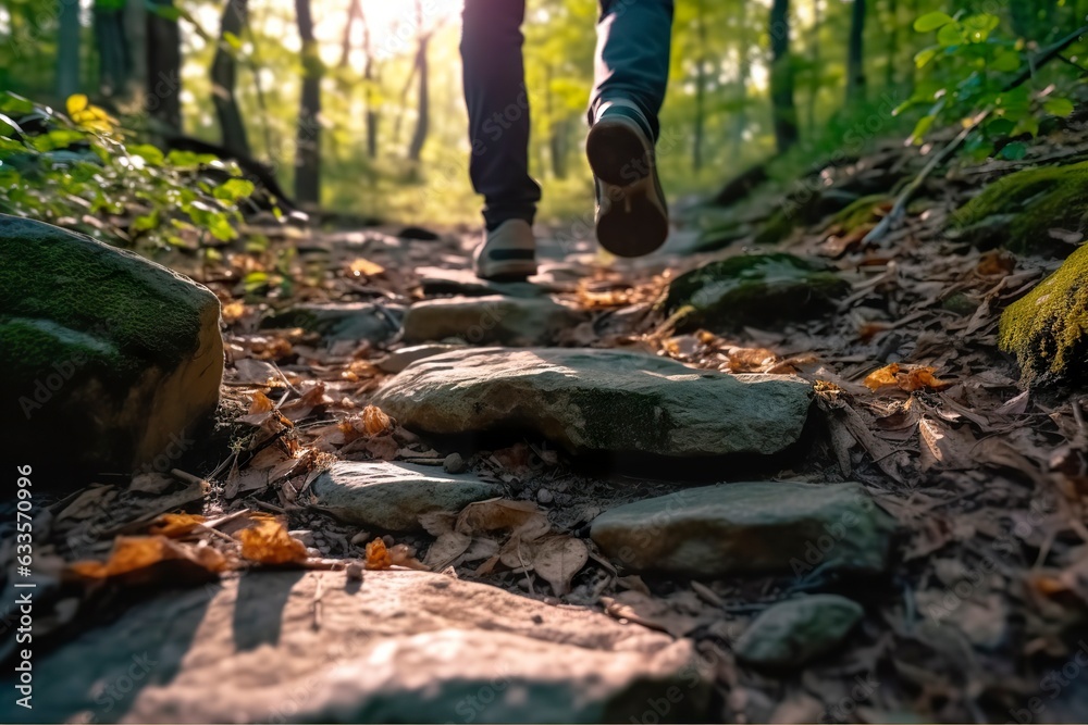 Close up a person's feet walking on rocks, Walking on a trail in the woods, Travel Concept. AI Generative Close up a person's feet walking on rocks, Walking on a trail in the woods, Travel Concept. AI Generative