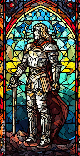A Knight in Shining Armor. An Illustration of a Mythical Ancient Paladin in Stained Glass Renaissance Fresco Style. AI Generative