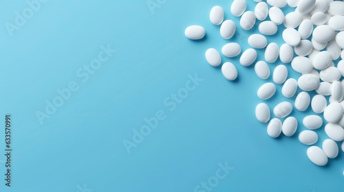 Top view white medicine tablets antibiotic pills on a soft blue background  copy space  Pharmacy theme  AI Generative