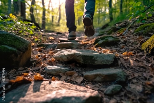 Close up a person's feet walking on rocks, Walking on a trail in the woods, Travel Concept. AI Generative