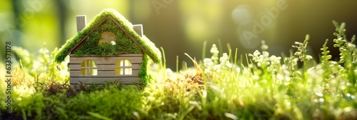 Eco house. Green and environmentally friendly housing concept. Miniature wooden house in spring grass, moss and ferns on a sunny day. AI Generative