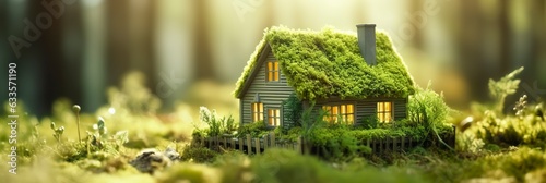 Eco house. Green and environmentally friendly housing concept. Miniature wooden house in spring grass, moss and ferns on a sunny day. AI Generative photo