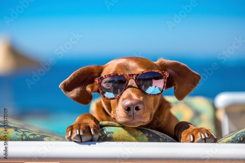 Dog Puppy wearing sunglasses, lying on a sunbed to sunbath at the beach sea on summer vacation, holidays. Funny concept. 