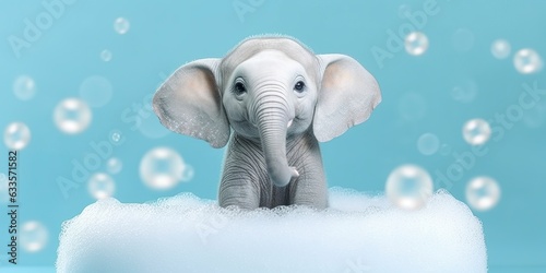 Minimalist Albino Elephant in a Bathtub of Soap Bubbles Against a Cyan Background.