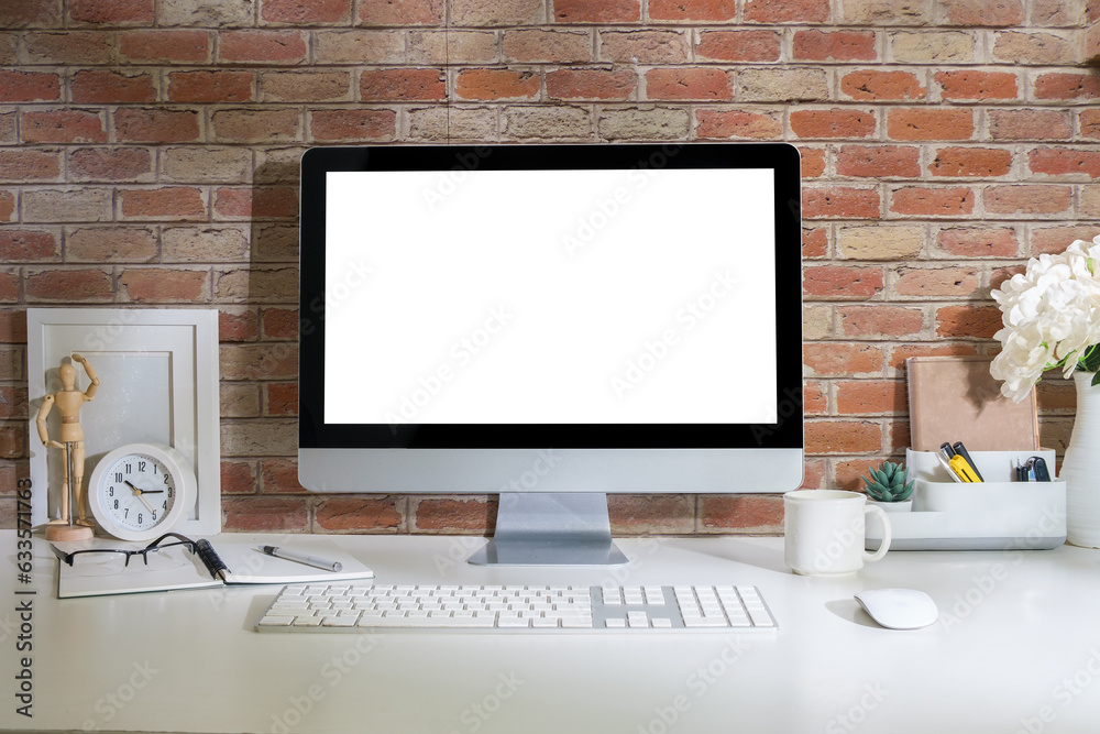 Fototapeta premium Workspace desk and computer. copy space and blank screen. Business image, Blank screen computer and supplies.
