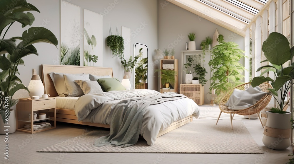 Scandinavian style modern bedroom interior and flowerpot