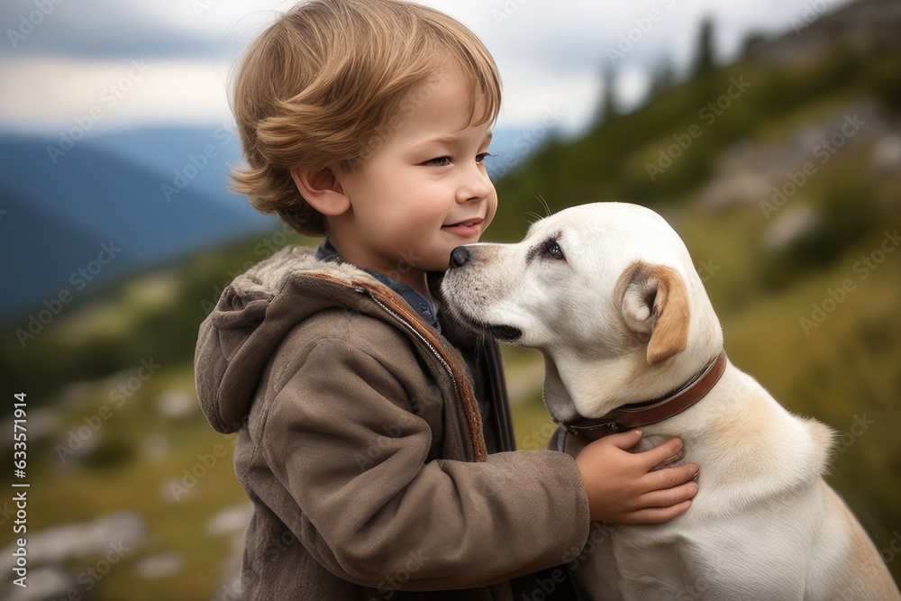 child and his dog on mountain child and his dog on mountain