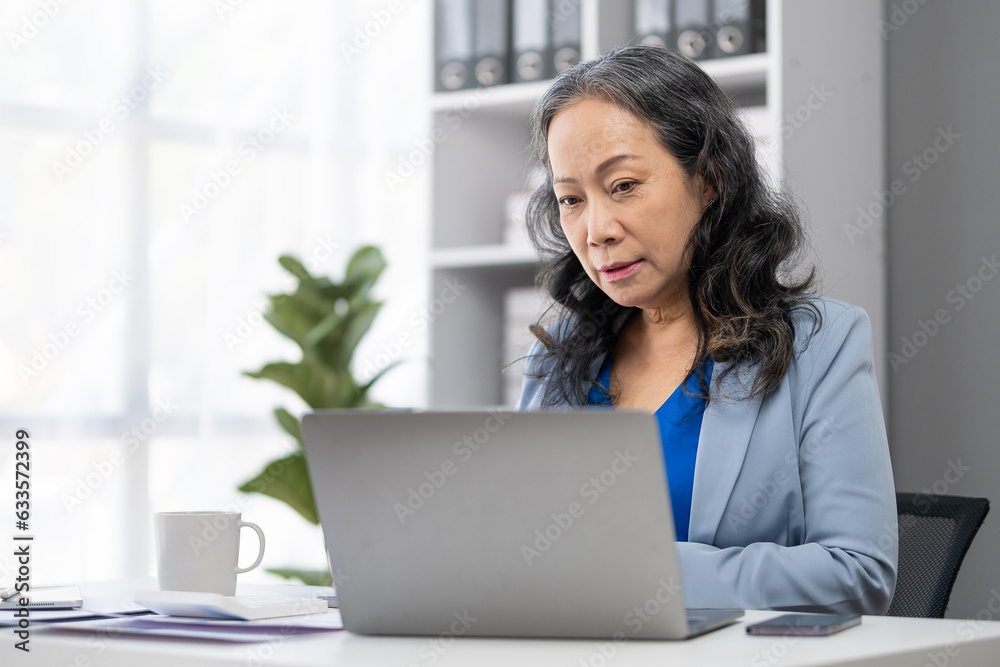 Middle aged woman executive business manager using laptop and checking financial data at modern workplace. Middle aged woman executive business manager using laptop and checking financial data at modern workplace.