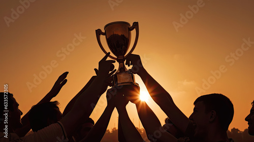 Winning team is holding trophy in hands teamwork concept Silhouette