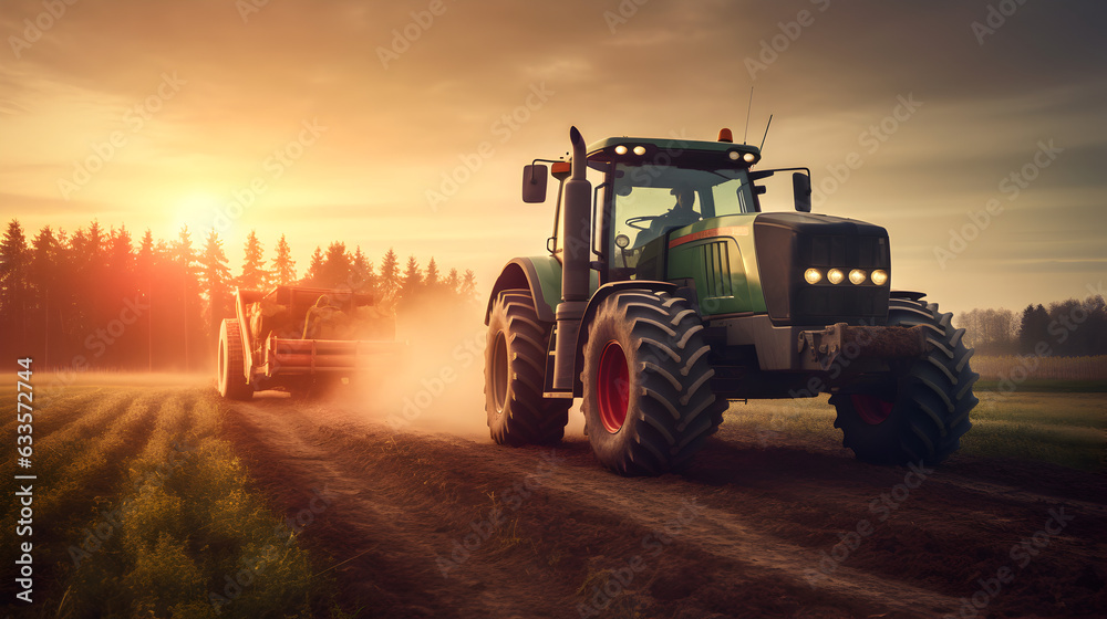 Fototapeta premium agriculture tractor background at sunset