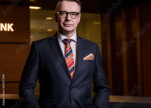 bank manager is standing by front desk in a suit