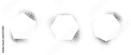 Pentagon, hexagon and heptagon frames with spray stencil effect. Grunge dotted border shadow collection. Faded noise shape bundle. Splattered elements for text box, banner, poster, template. Vector